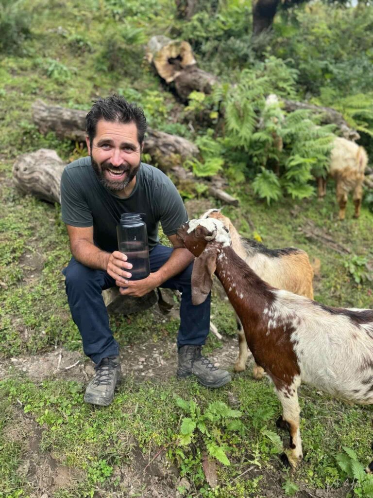 Randonneur se faisant lécher par des chèvres